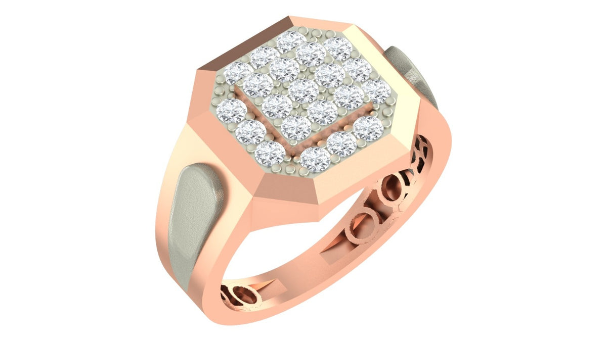 A men's signet-style ring featuring a rose gold geometric, shown on a plain white background.