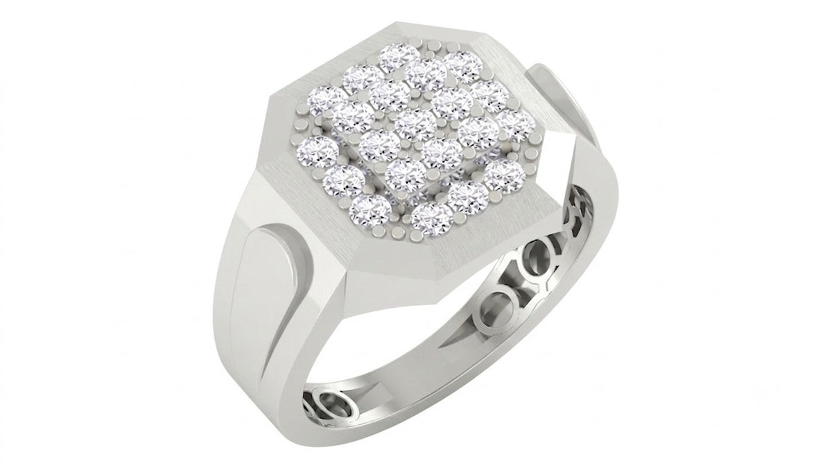 A men's signet-style ring featuring a white gold geometric, shown on a plain white background.