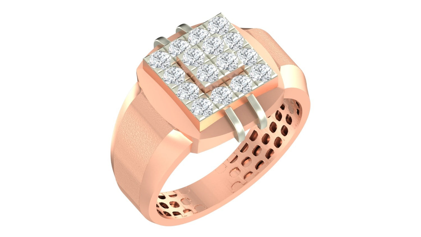 A square ring featuring a double halo of small clear stones in a rose gold setting, with a textured rose gold band, shown on a plain white background.