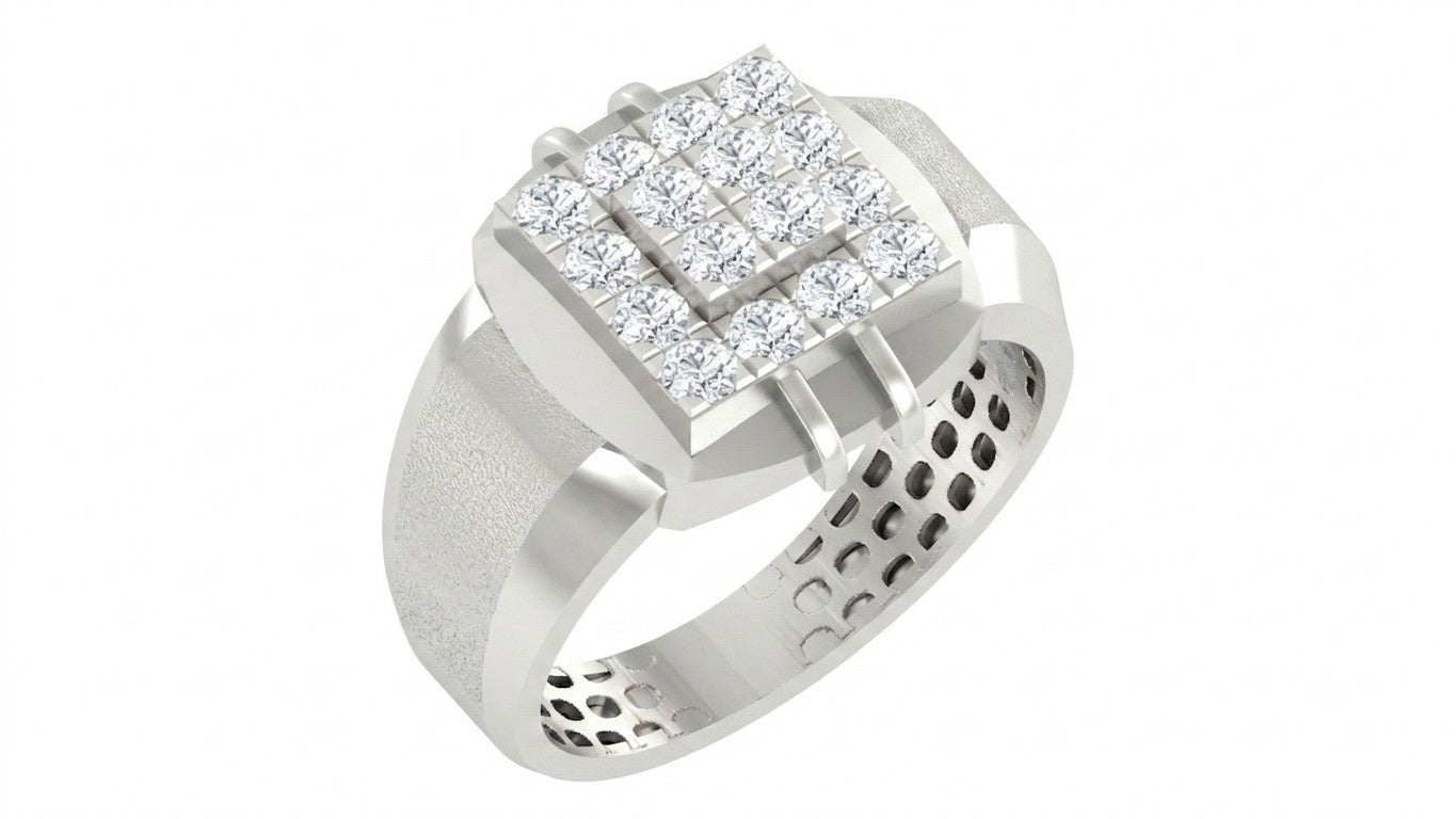 A square ring featuring a double halo of small clear stones in a white gold setting, with a textured white gold band, shown on a plain white background.