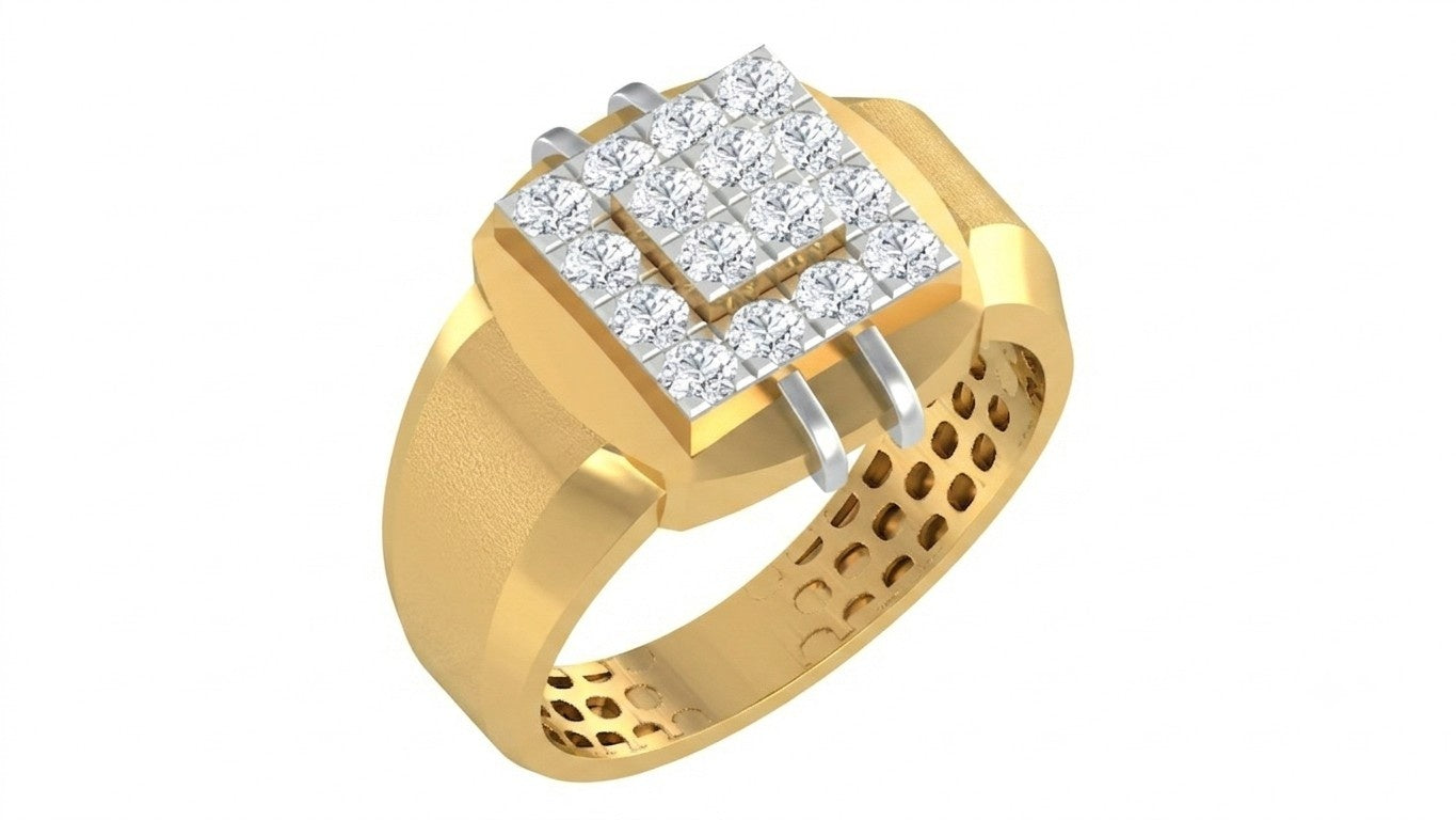 A square ring featuring a double halo of small clear stones in a yellow gold setting, with a textured yellow gold band, shown on a plain white background.
