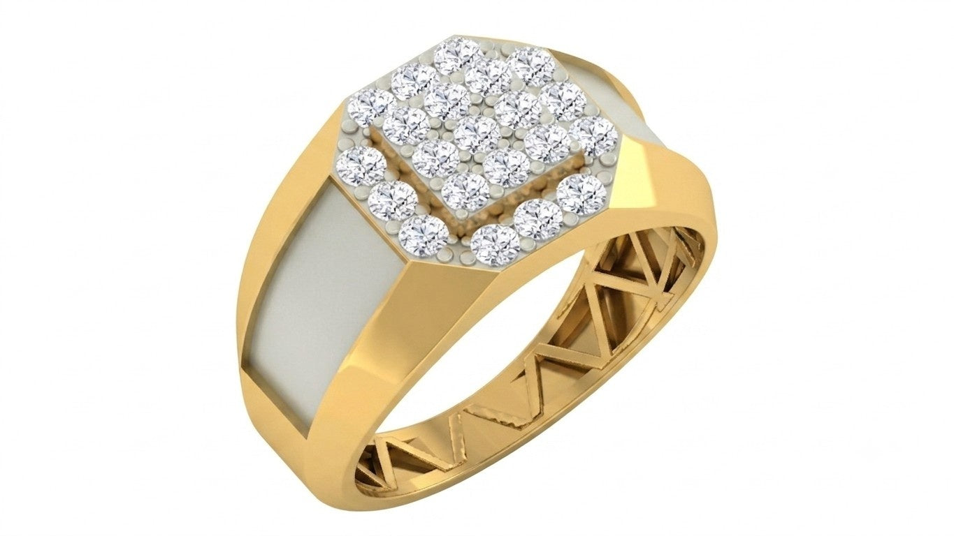 A men's ring featuring a yellow gold band with a square-shaped, shown against a plain white background.