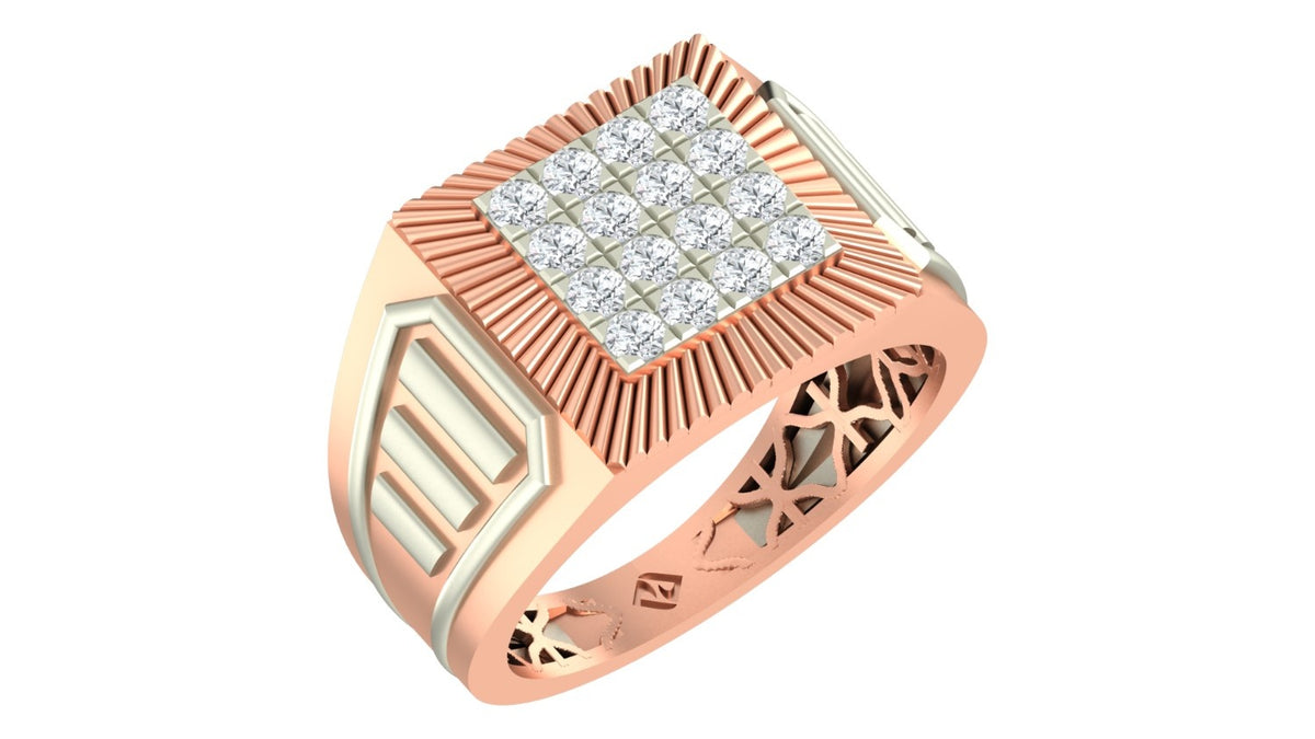 A rose gold and diamond signet ring with a square, shown on a plain white background.
