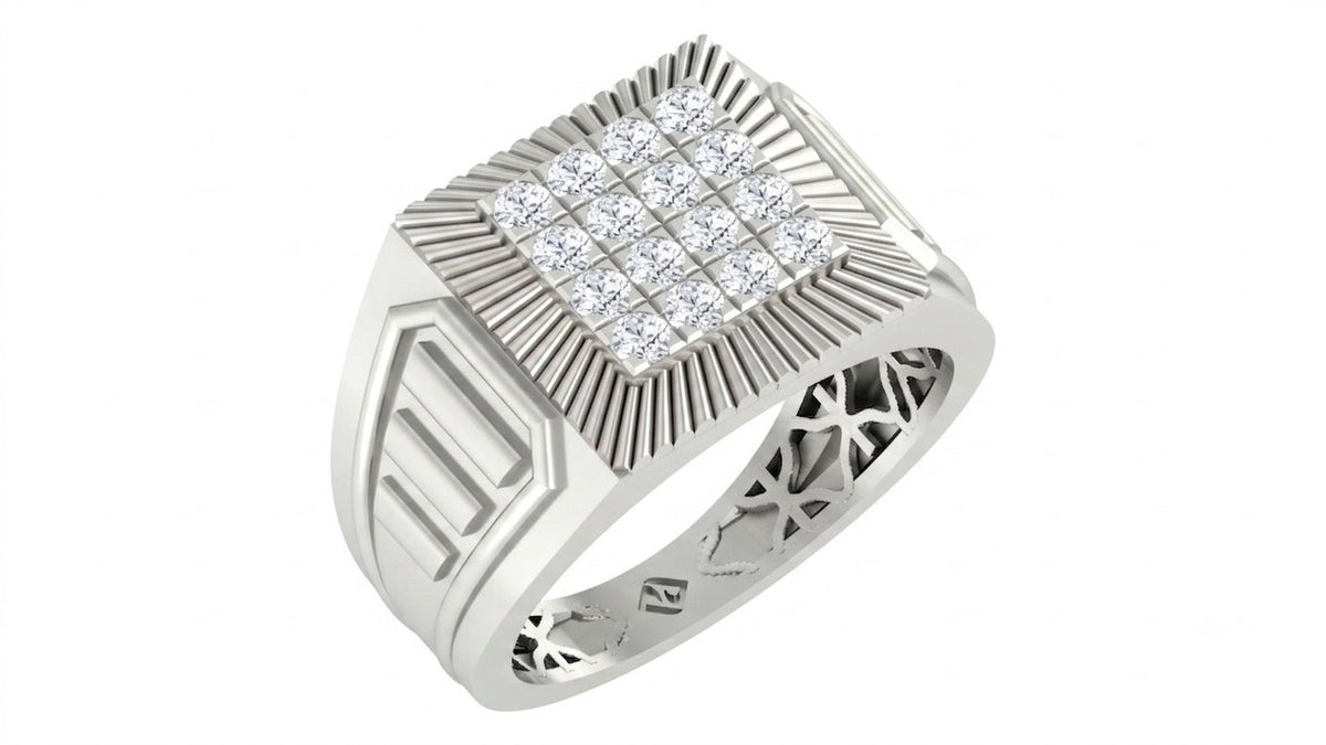 A white gold and diamond signet ring with a square, shown on a plain white background.