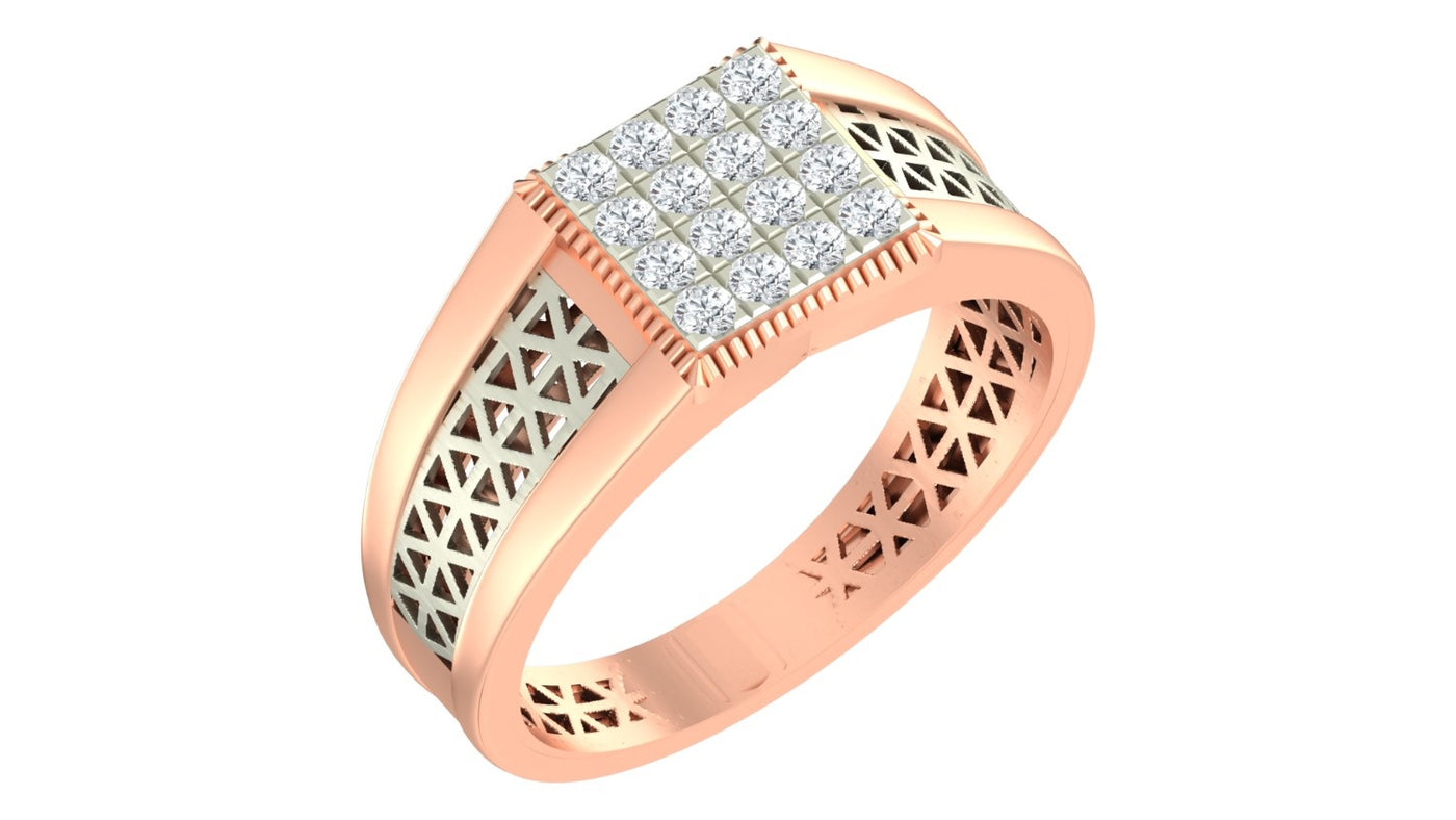 A rose gold ring with a square diamond setting, featuring a central grid and geometric openwork detailing, shown on a plain white background.