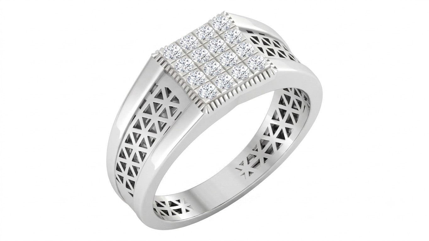 A white gold ring with a square diamond setting, featuring a central grid and geometric openwork detailing, shown on a plain white background.