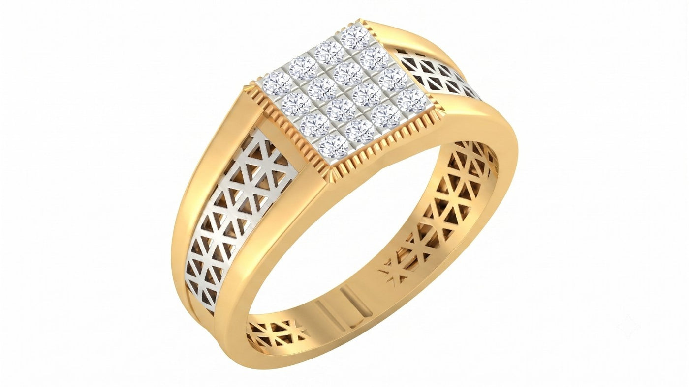 A yellow gold ring with a square diamond setting, featuring a central grid and geometric openwork detailing, shown on a plain white background.