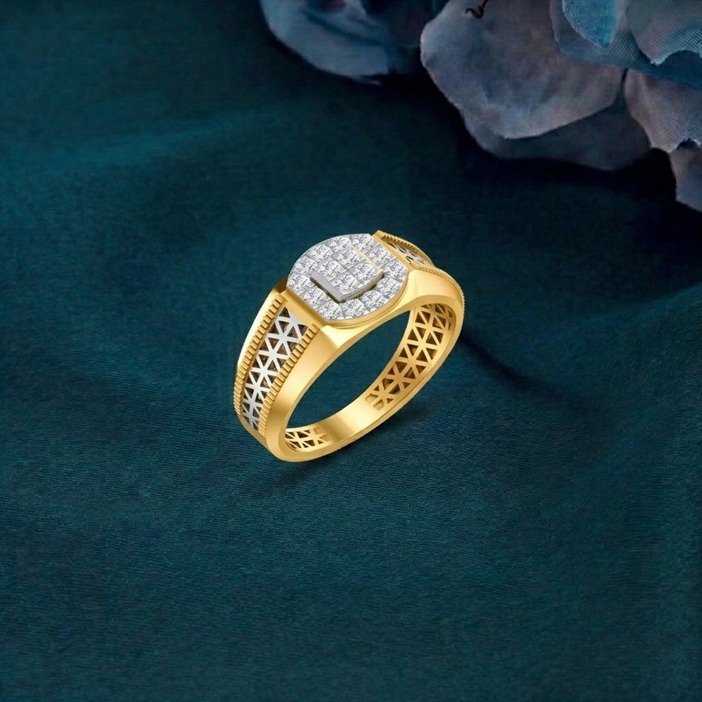 Gold ring with diamond-studded band on a dark green background