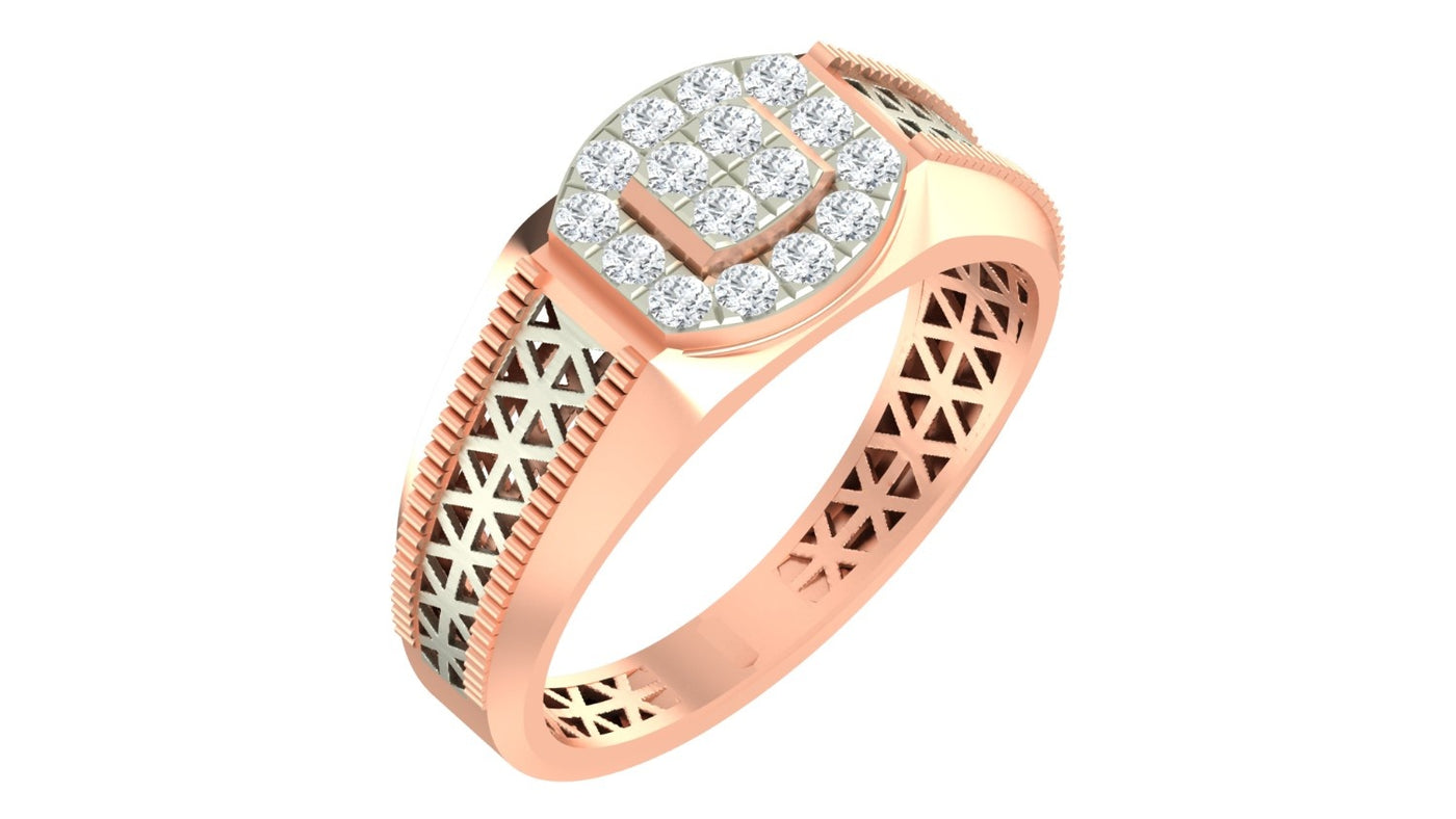 A rose gold ring with a diamond center and geometric filigree detailing on the band, shown on a plain white background.