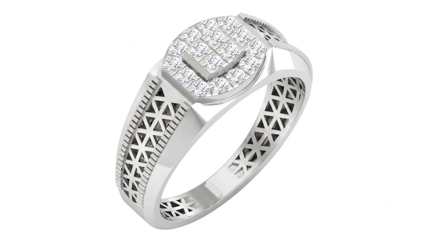 A white gold ring with a diamond center and geometric filigree detailing on the band, shown on a plain white background.