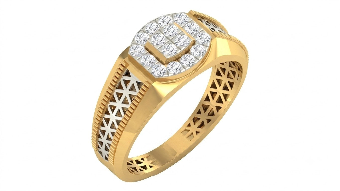 A yellow gold ring with a diamond center and geometric filigree detailing on the band, shown on a plain white background.