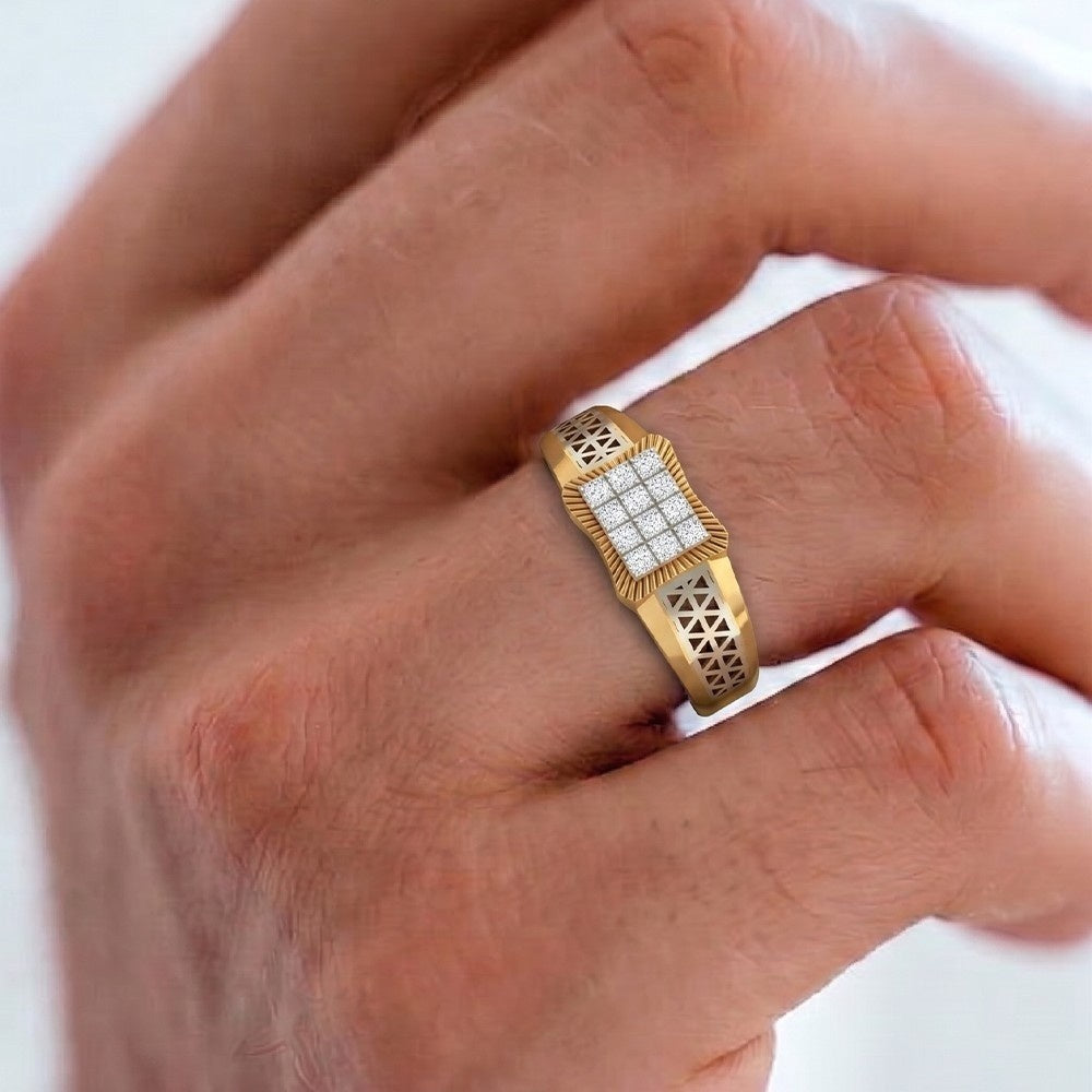 Gold ring with diamond accents on a person's finger against a white background