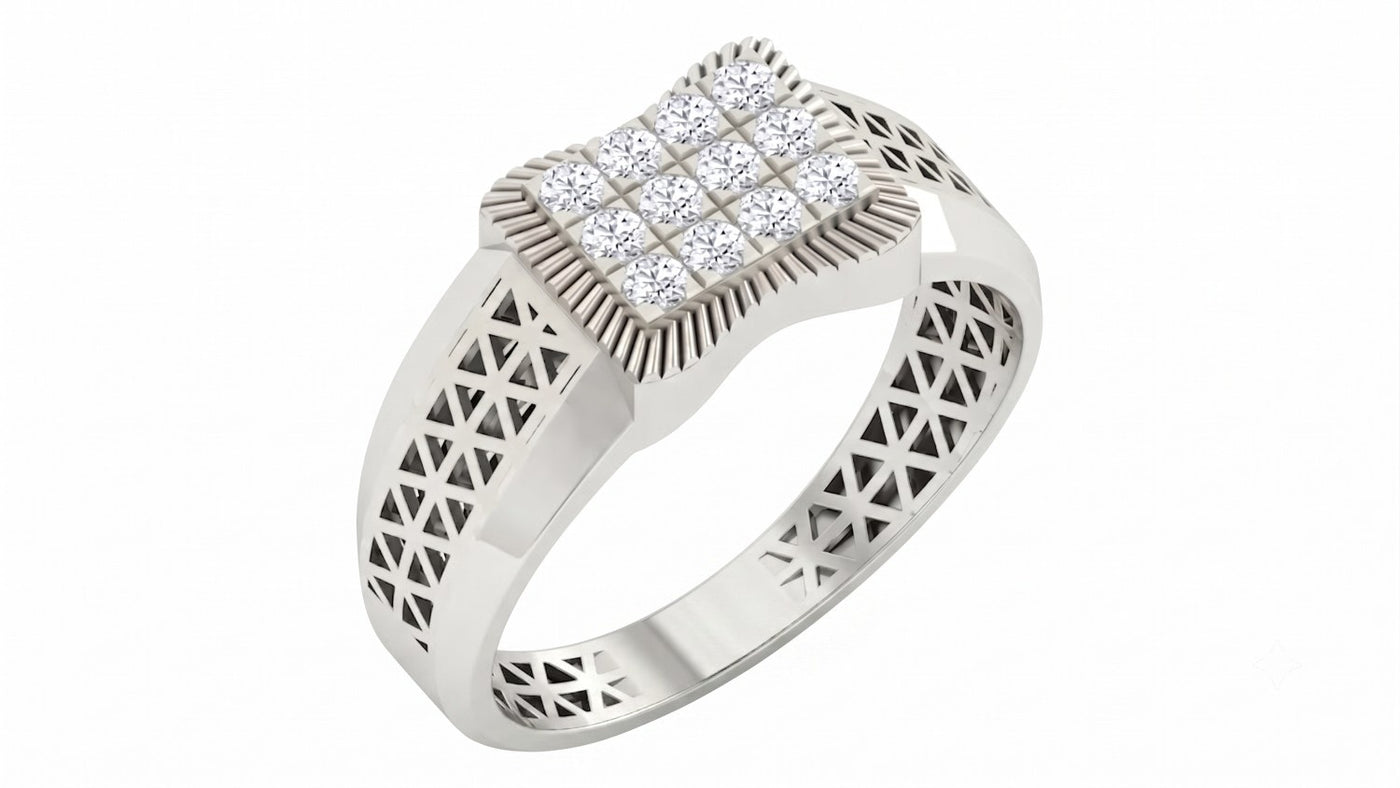 A white gold ring with a square diamond cluster setting and geometric openwork detailing on the band, shown on a plain white background.
