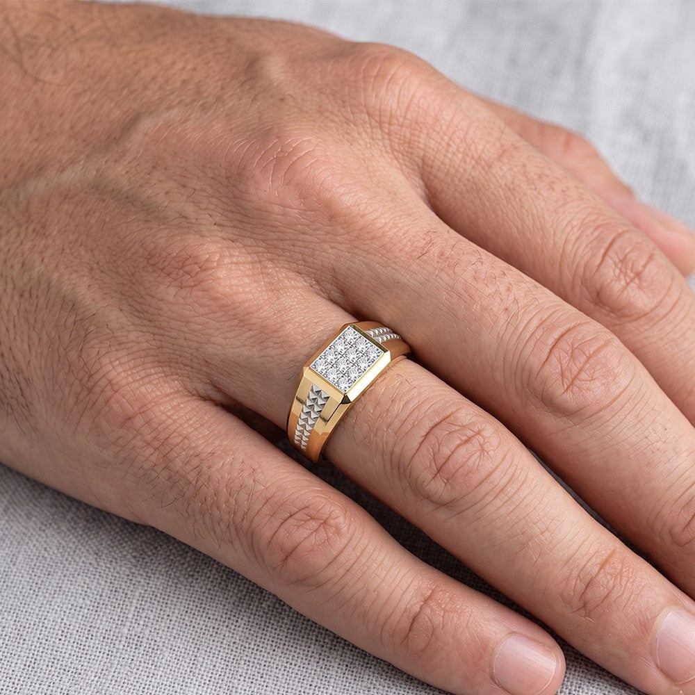 Close-up shot of a gold and diamond men's ring.
