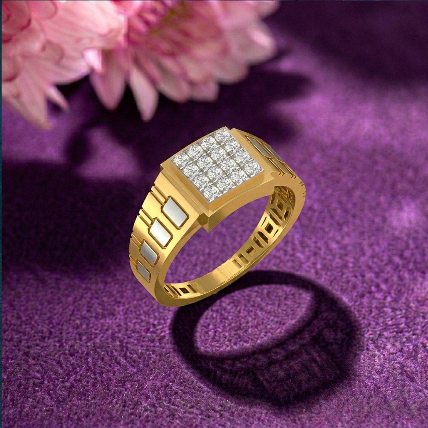 Gold ring with diamonds on a purple textured background with pink flowers.
