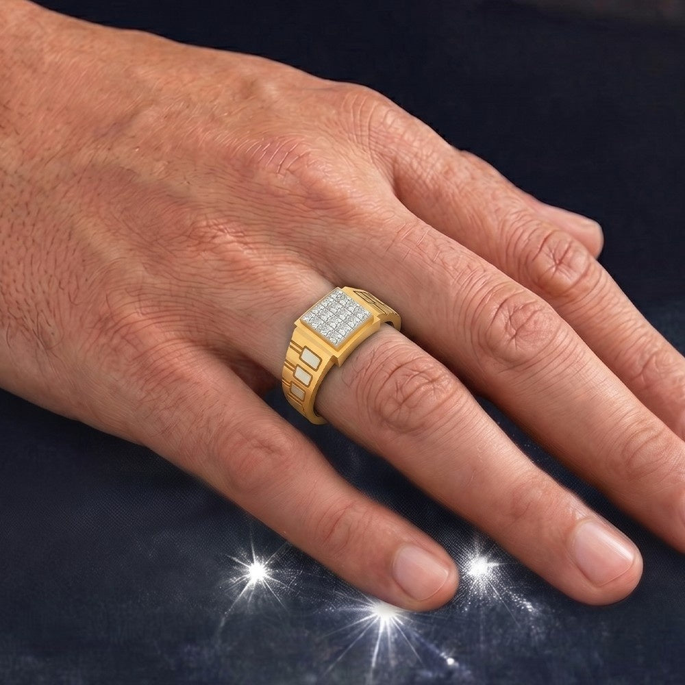Hand wearing a gold ring with diamond accents on a dark background