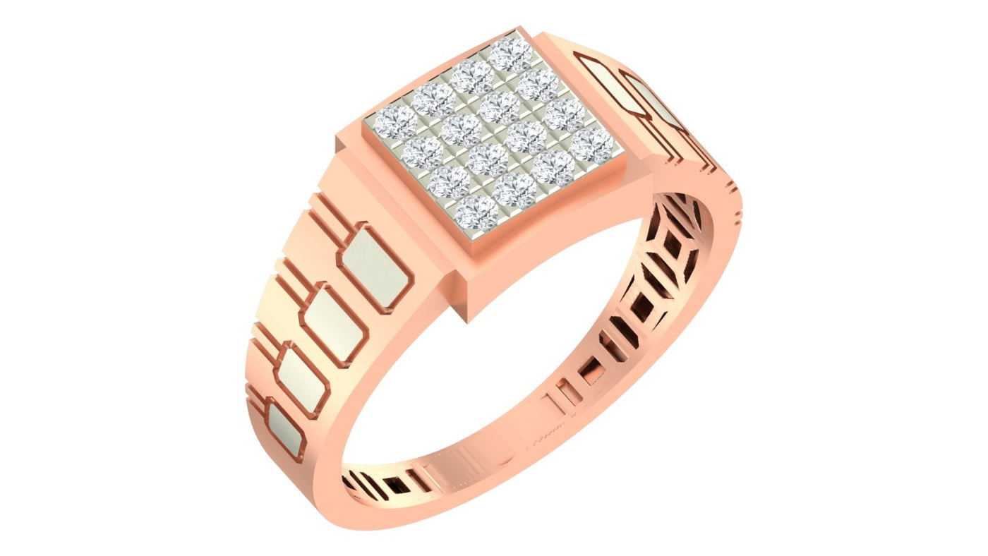 Rose gold ring with diamond-studded band on a white background