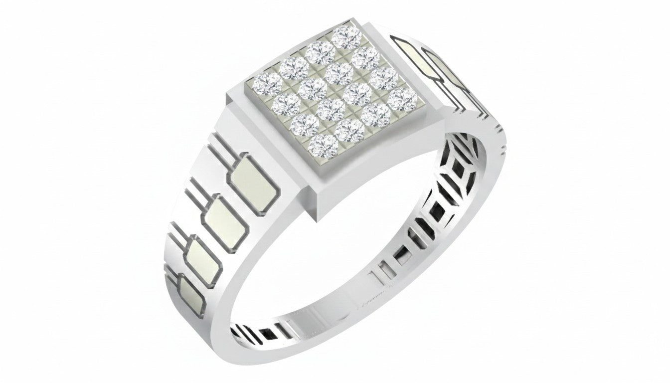 White gold ring with diamond-studded band on a white background