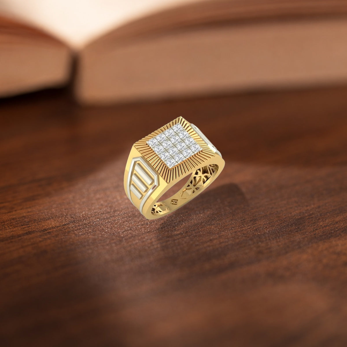 Gold ring with diamond-studded center on a wooden surface