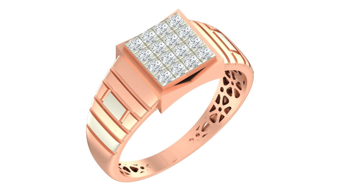 A rose gold ring with a square diamond cluster setting and textured geometric bands, shown on a plain white background.