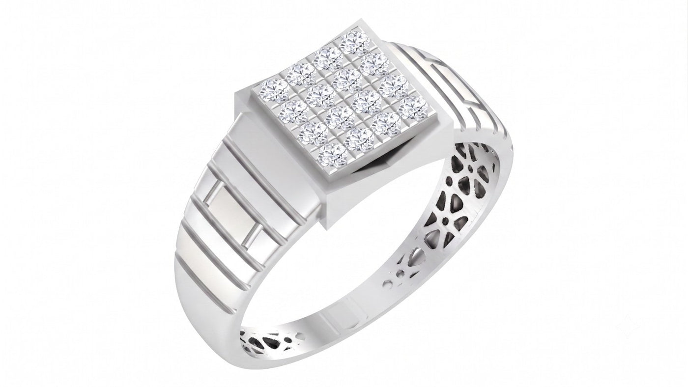 A white gold ring with a square diamond cluster setting and textured geometric bands, shown on a plain white background.