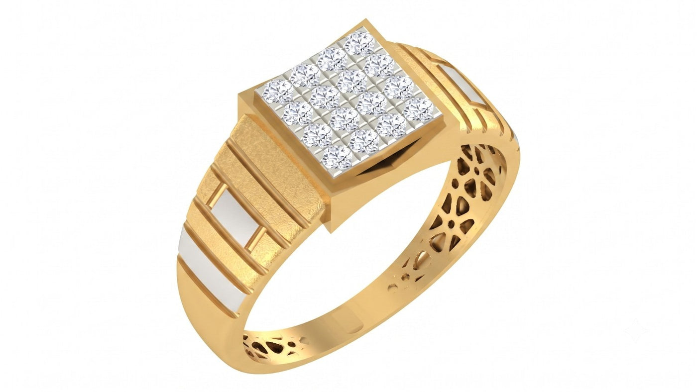 A yellow gold ring with a square diamond cluster setting and textured geometric bands, shown on a plain white background.
