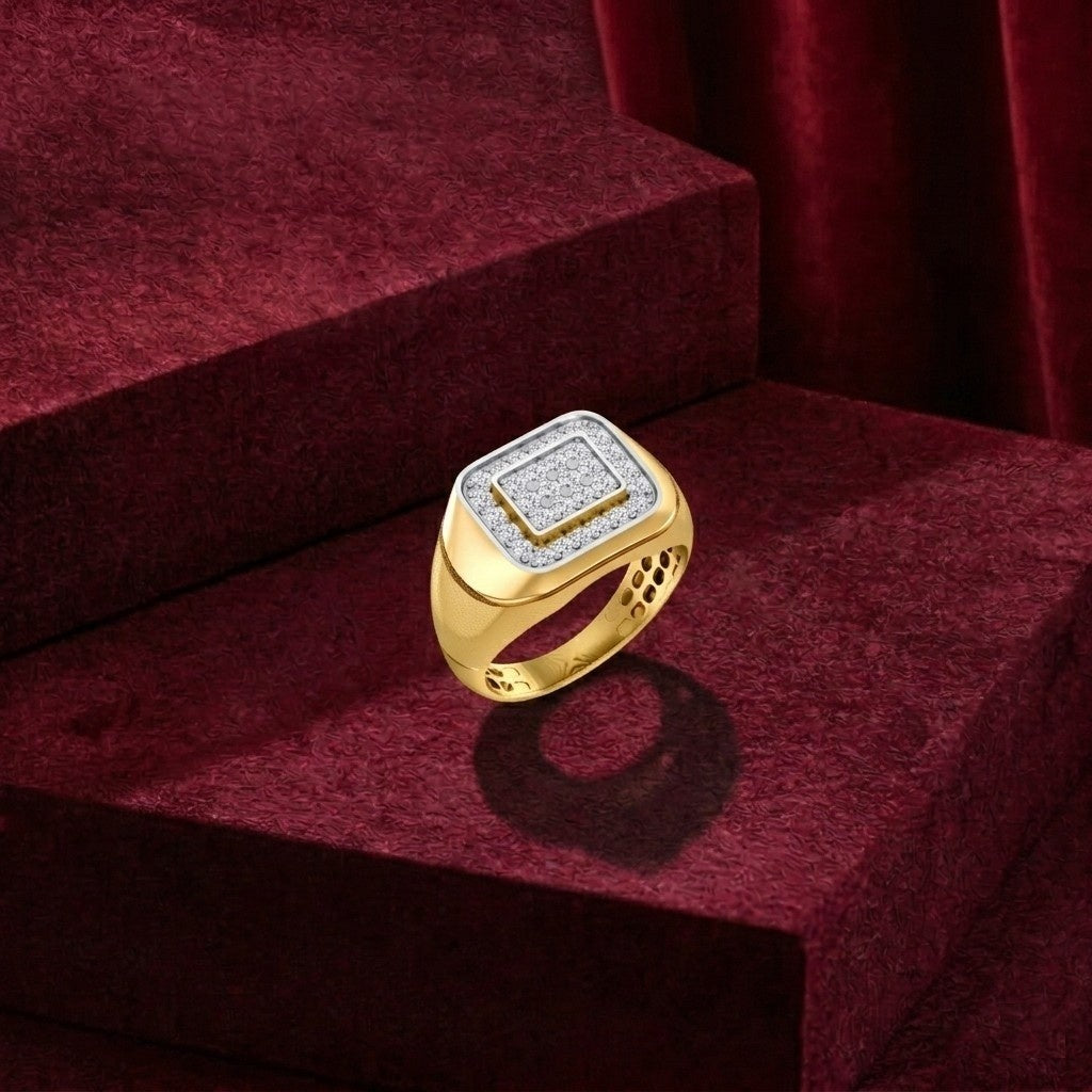 Gold ring with diamonds on a red velvet background