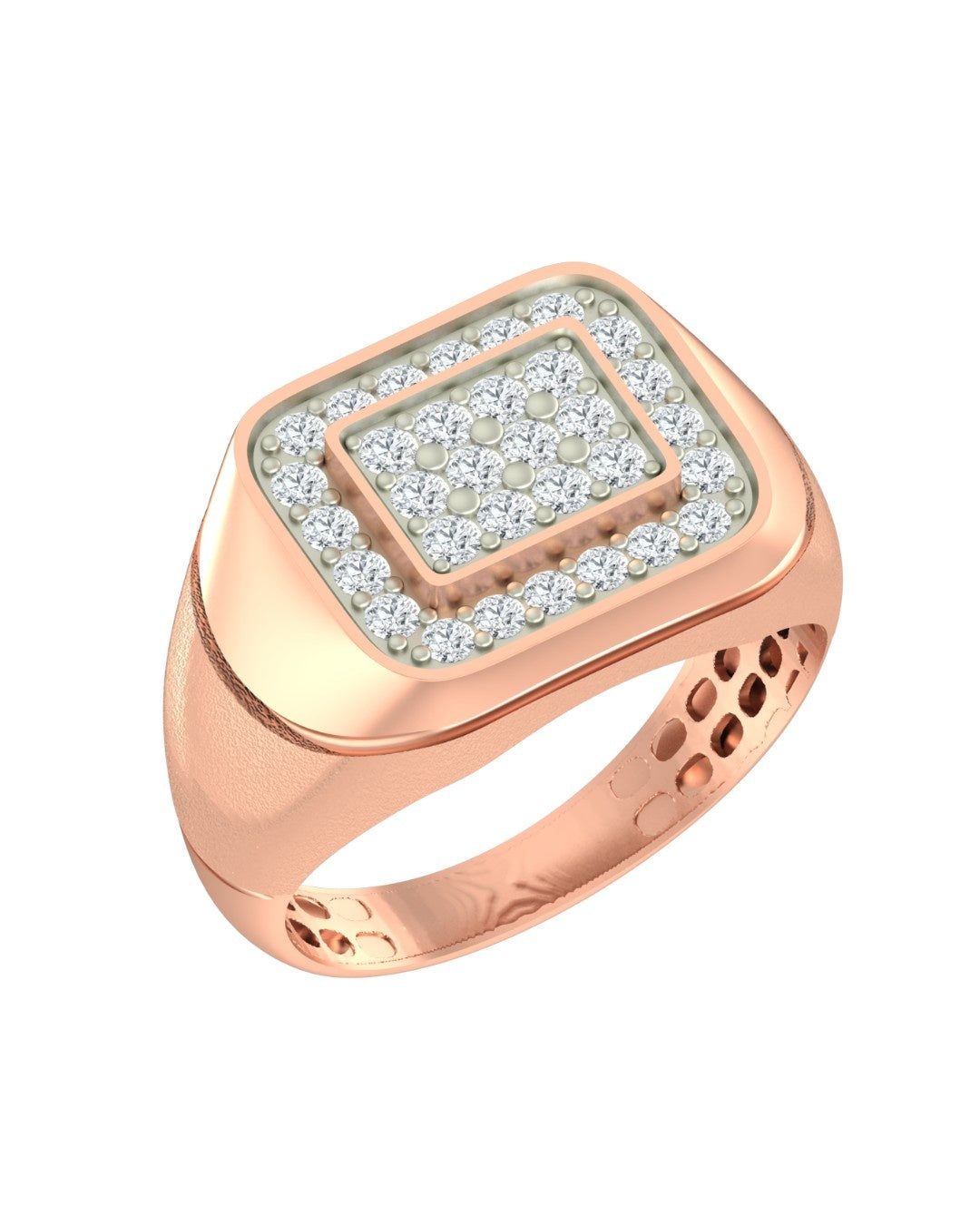 Rose gold ring with diamond accents on a white background.