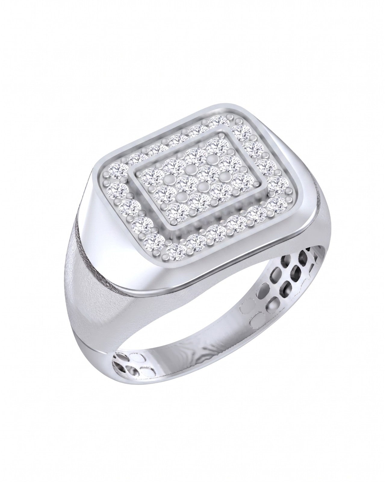 White gold ring with diamond accents on a white background.