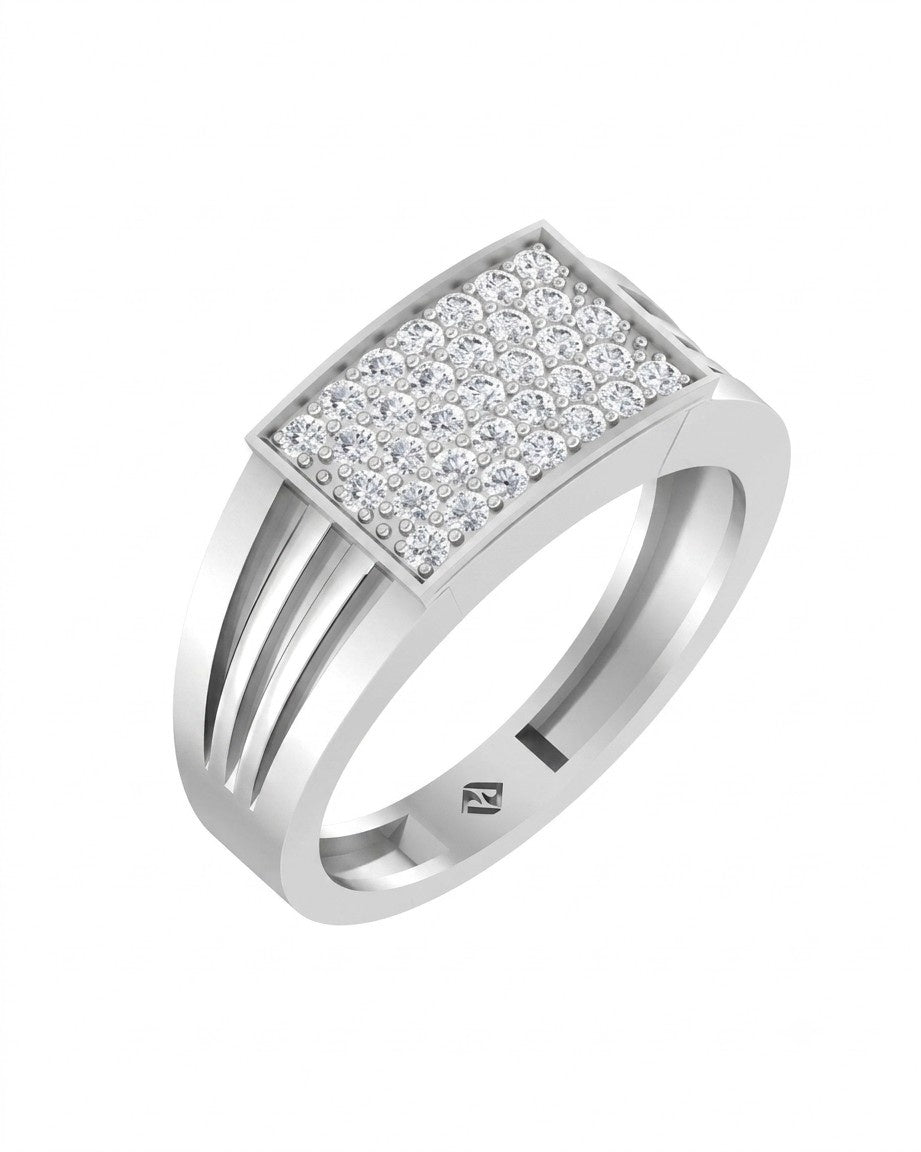A white gold ring with a square-shaped pavé diamond top, shown on a plain white background.