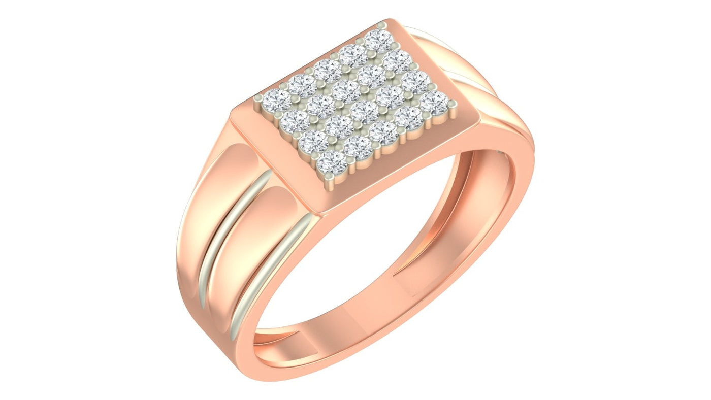 A rose gold men's ring featuring a square-shaped pavé diamond, shown on a plain white background.