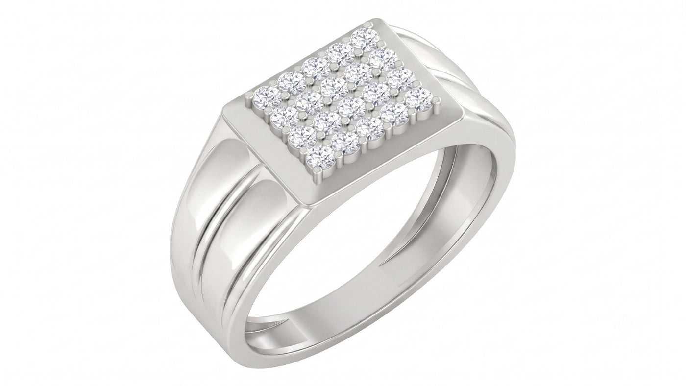 A white gold men's ring featuring a square-shaped pavé diamond, shown on a plain white background.