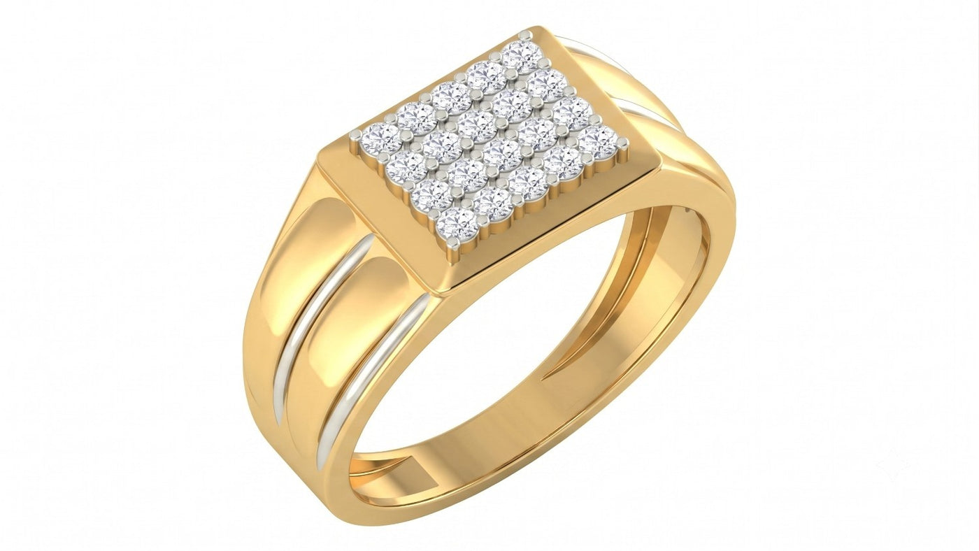 A yellow gold men's ring featuring a square-shaped pavé diamond, shown on a plain white background.