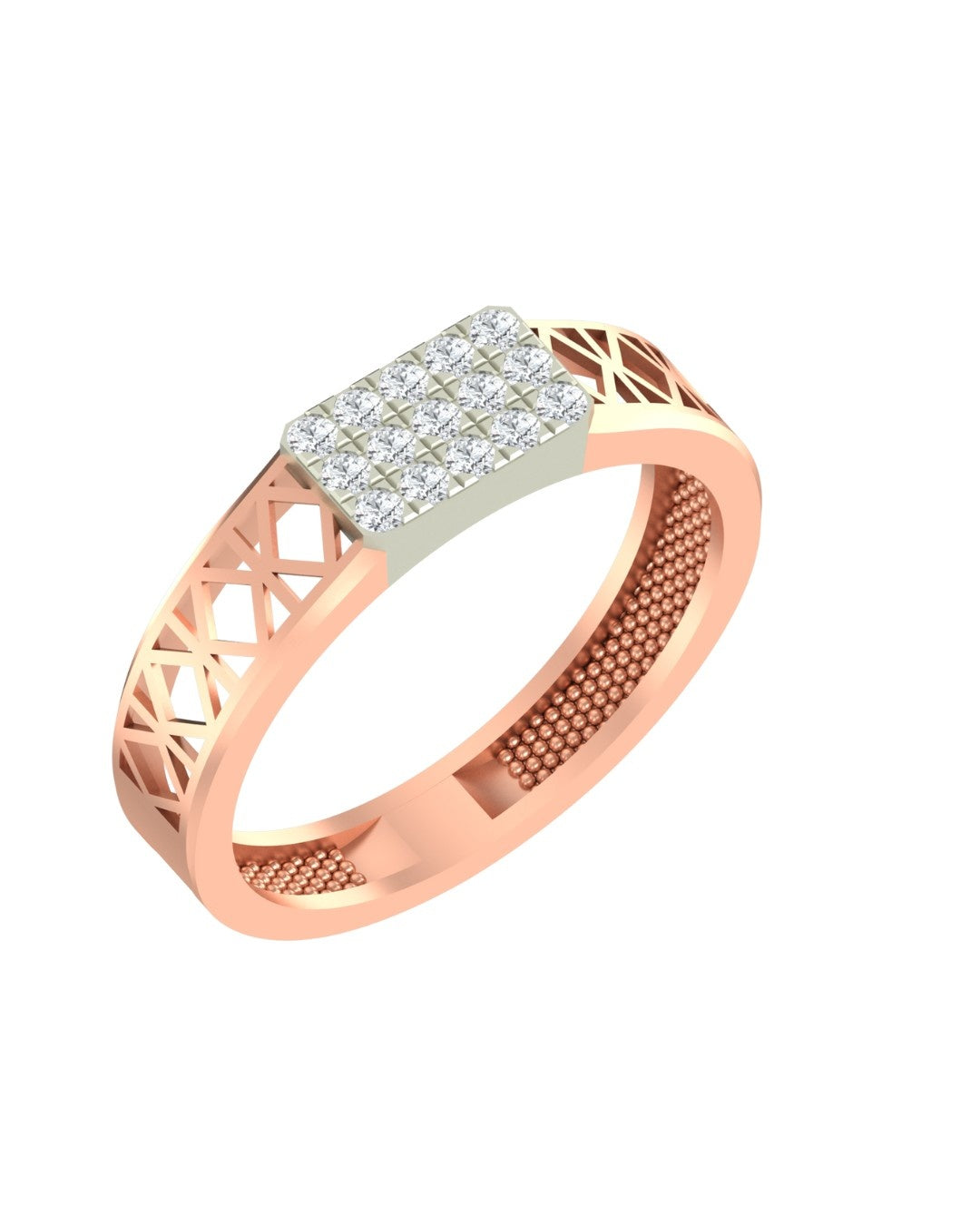 A rose gold ring with a square diamond cluster set, featuring a gold textured gold sides, shown on a plain white background.
