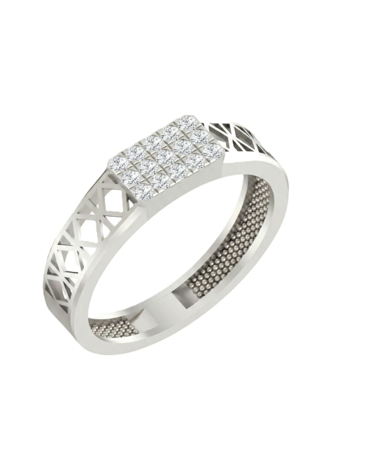 A white gold ring with a square diamond cluster set, featuring a gold textured gold sides, shown on a plain white background.