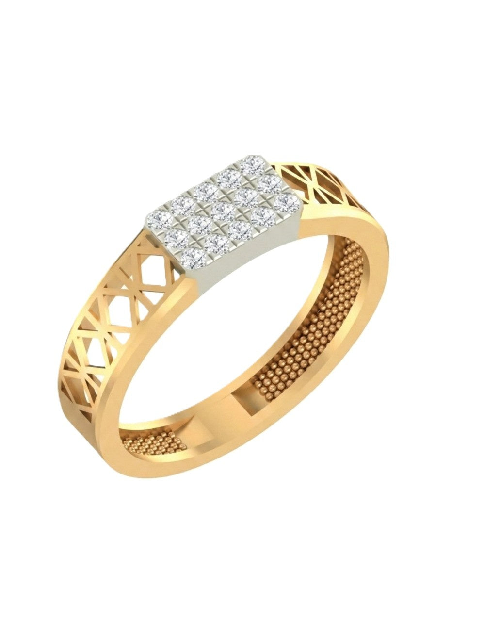 A yellow gold ring with a square diamond cluster set, featuring a gold textured gold sides, shown on a plain white background.