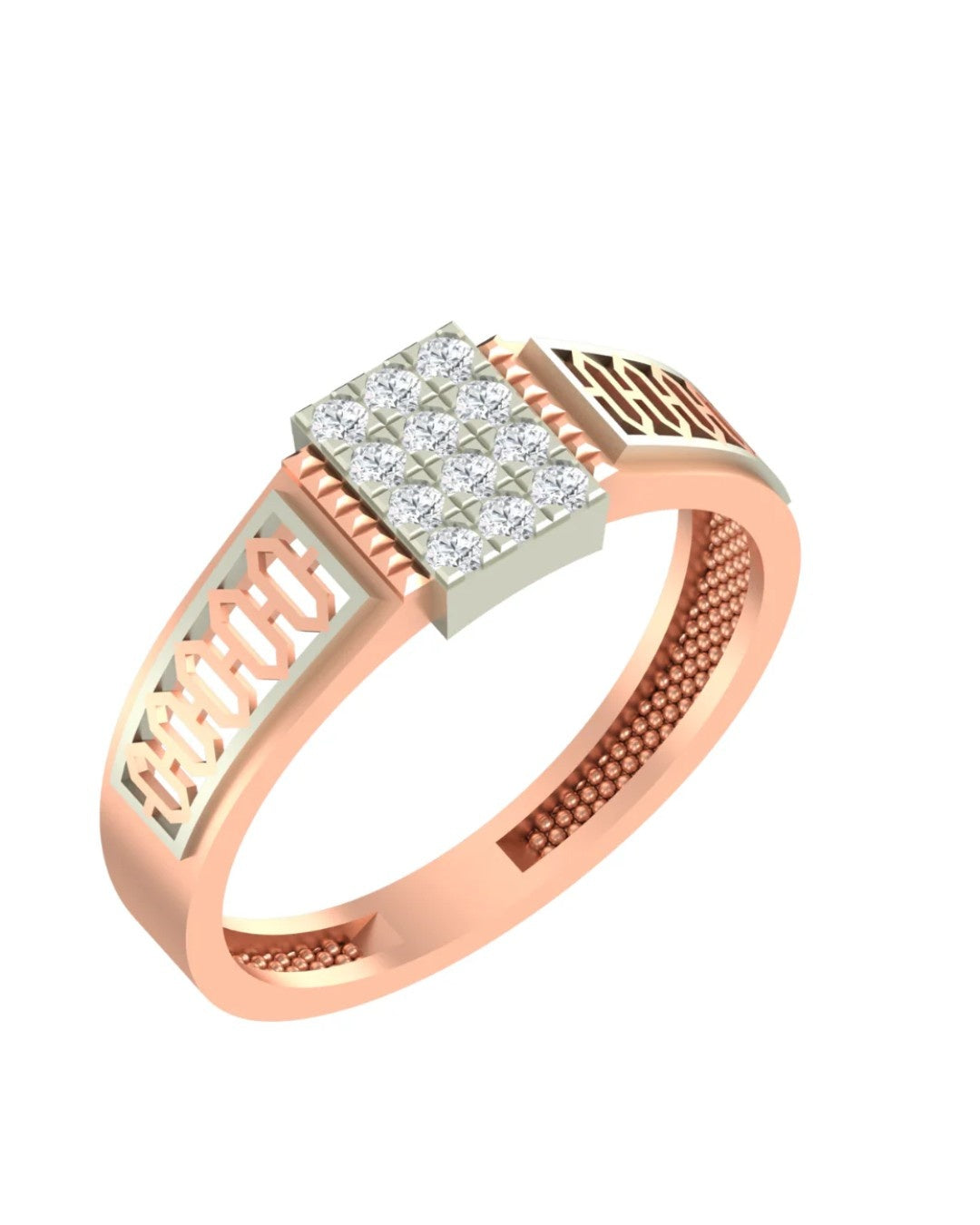 A men's ring featuring a square diamond cluster on a rose gold setting with textured and openwork details on the band, shown against a plain white background.