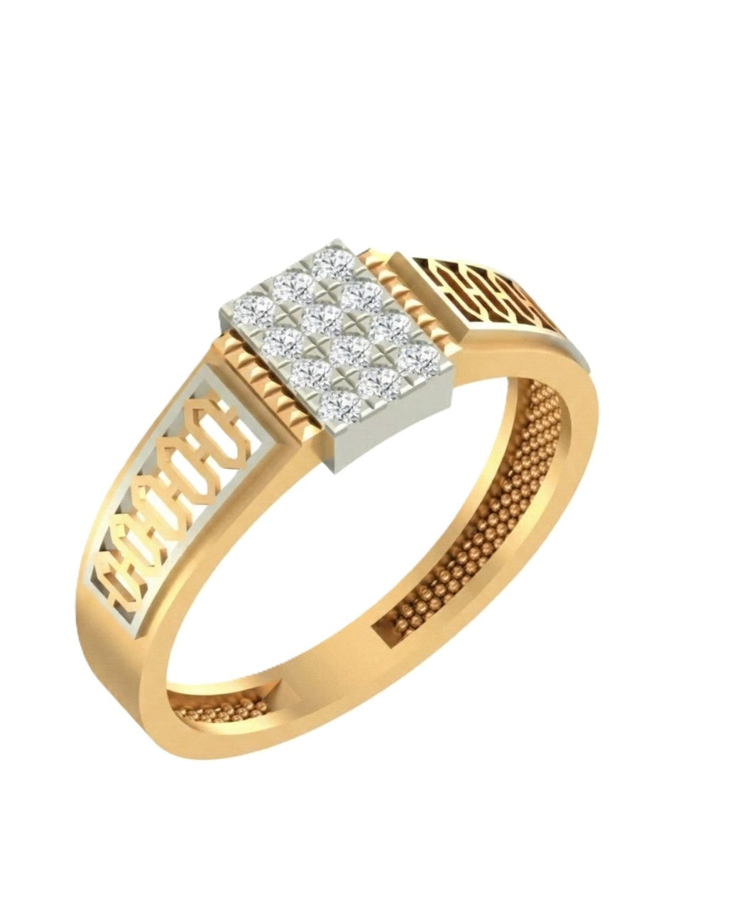 A men's ring featuring a square diamond cluster on a yellow gold setting with textured and openwork details on the band, shown against a plain white background.
