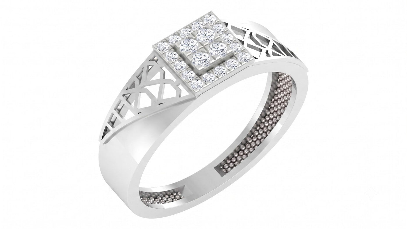 A white gold ring with a square diamond cluster setting, on a clean white background.