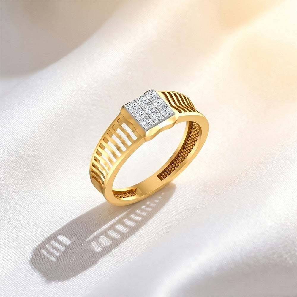 Gold ring with diamond accents on a light background.