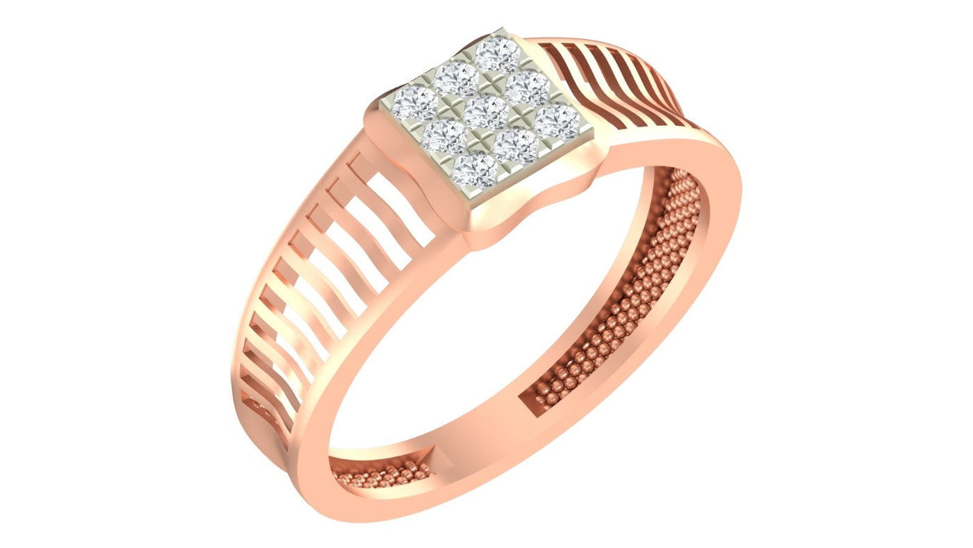 A rose gold ring with a square diamond cluster setting and textured channel details on the band, shown on a plain white background.