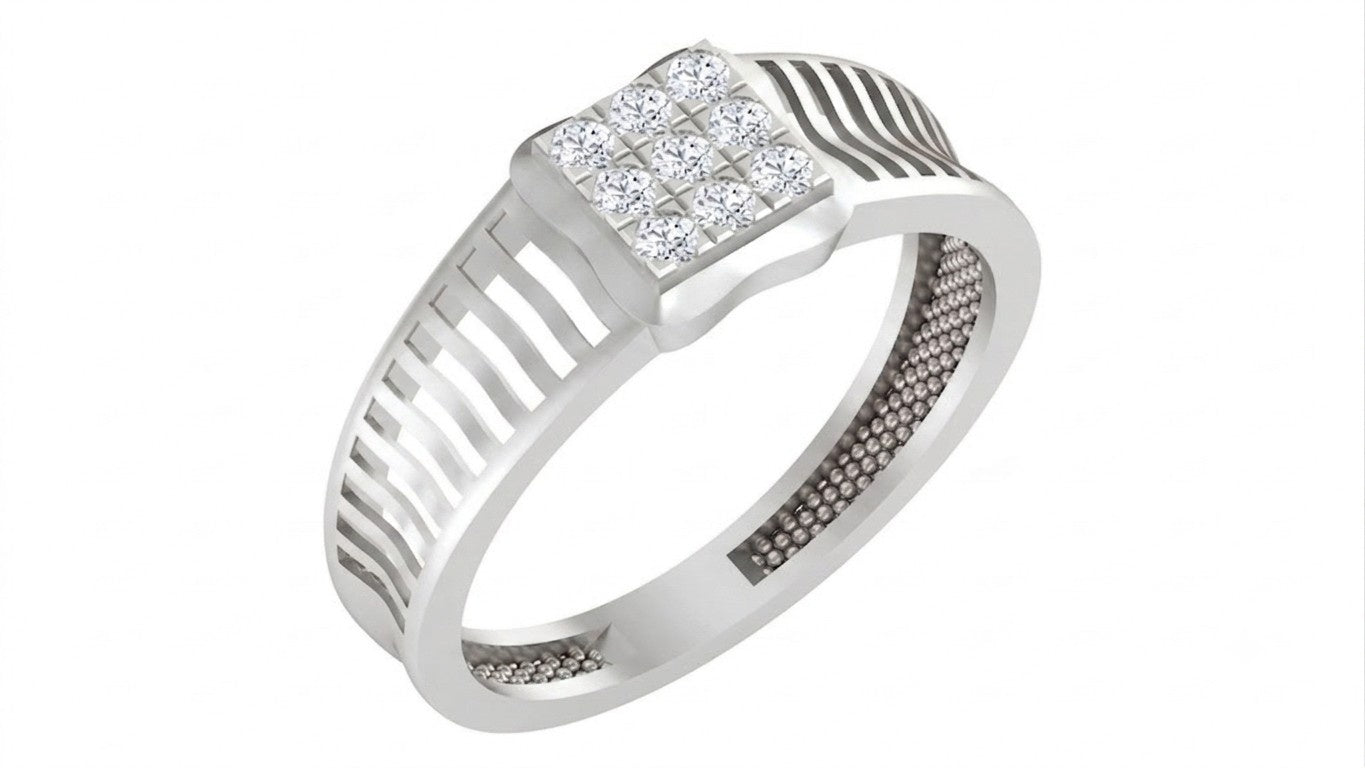 A white gold ring with a square diamond cluster setting and textured channel details on the band, shown on a plain white background.