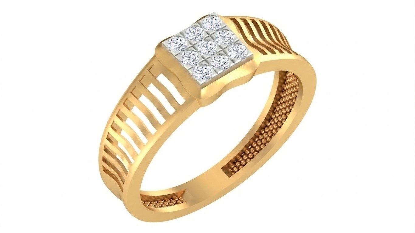 A yellow gold ring with a square diamond cluster setting and textured channel details on the band, shown on a plain white background.