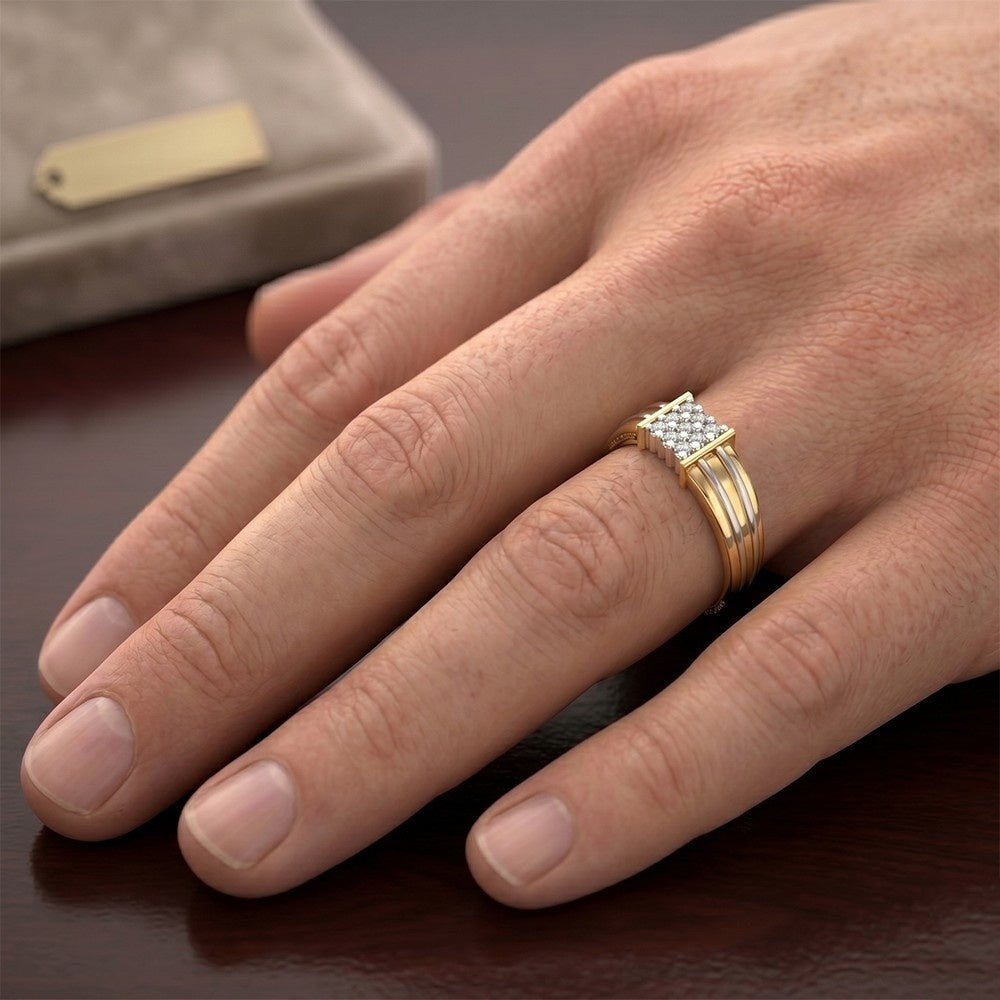 Gold ring with a diamond on a hand against a brown background.