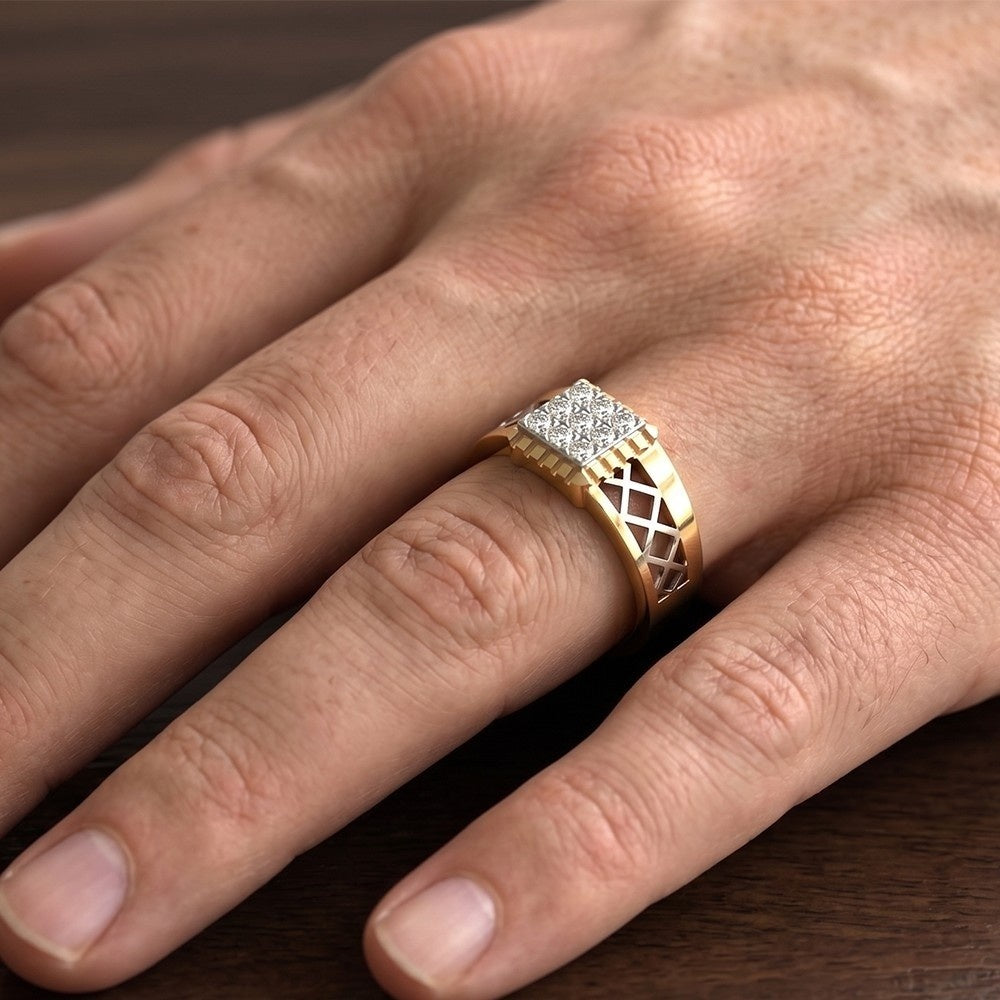 Gold ring with diamonds on a person's finger against a wooden background.