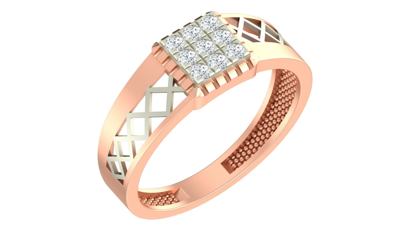 Rose gold and diamond men ring on a white background.