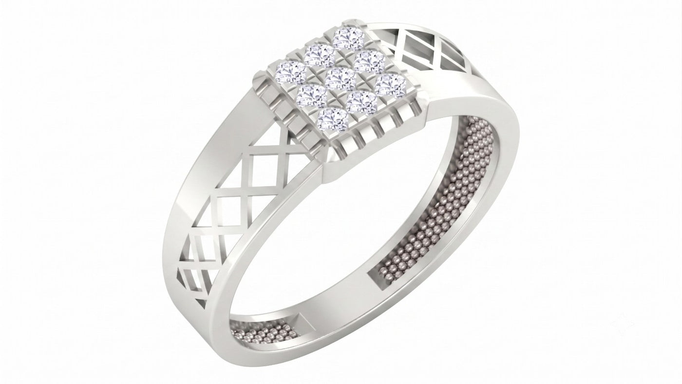 White gold and diamond men ring on a white background.