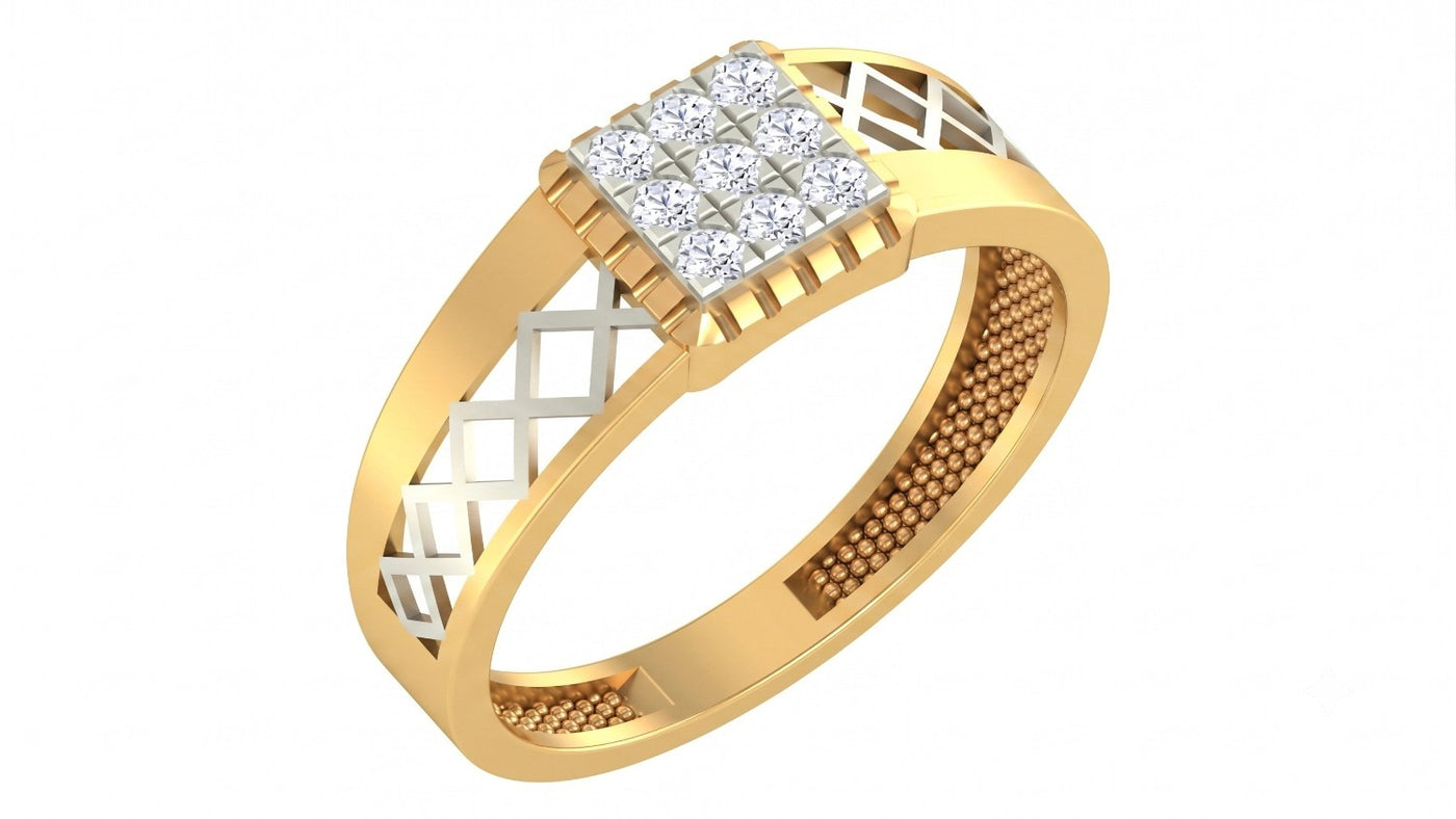 Yellow gold and diamond men ring on a white background.