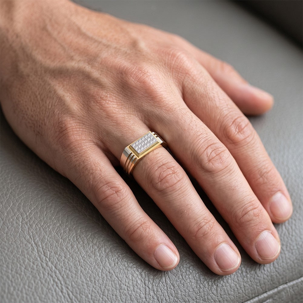 Close-up shot of gold and diamond men's ring.