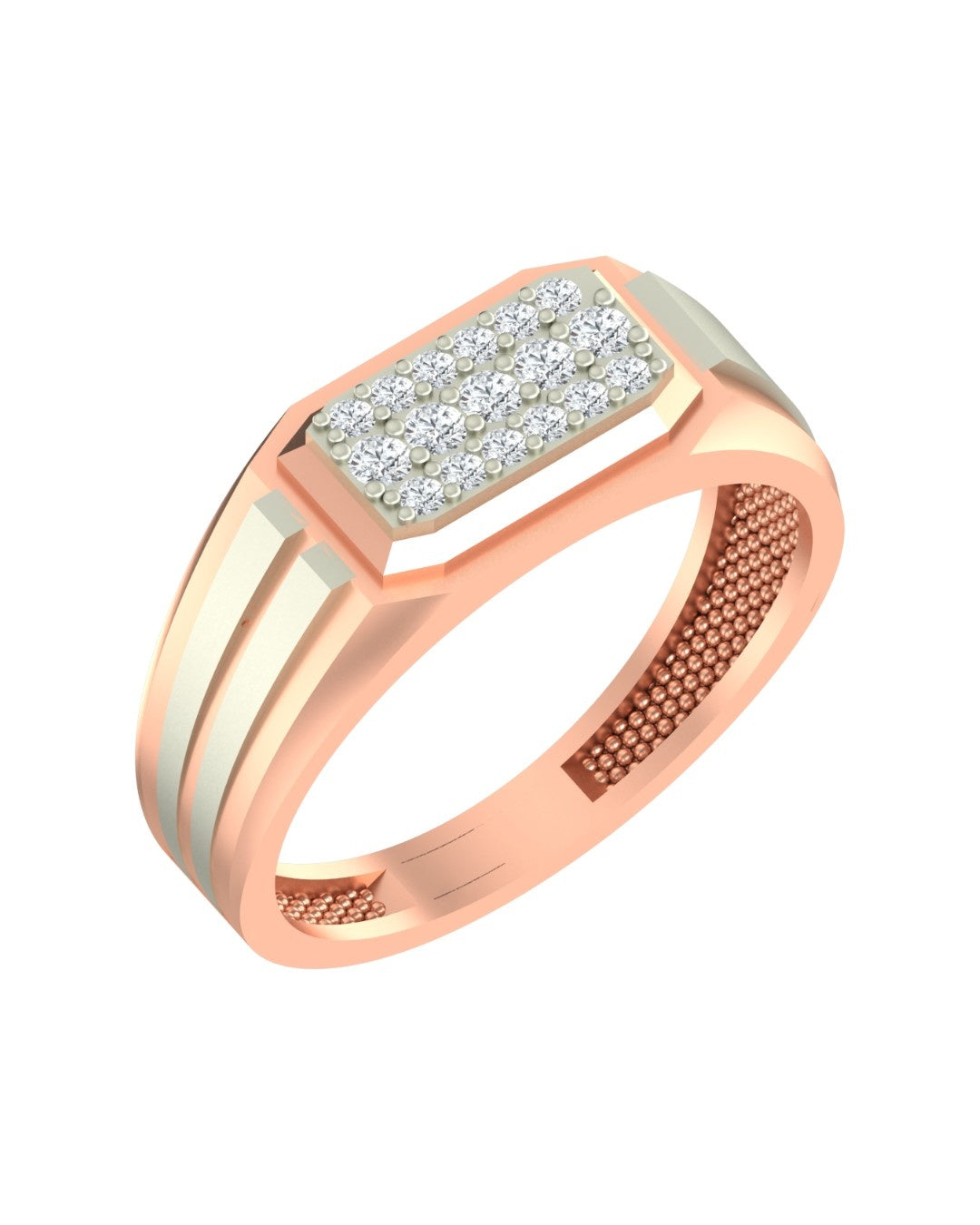 A men's rose gold ring with a rectangular diamond, shown on a plain white background.